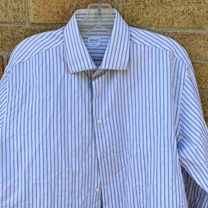 Vintage Armani Button Up Dress Shirt Striped Size 16.5 Large White Purple